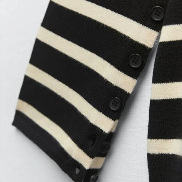 Black White Striped Zara Button Sleeve Round Neck Pullover Knit Sweater (NWT) - Picture 2 of 6